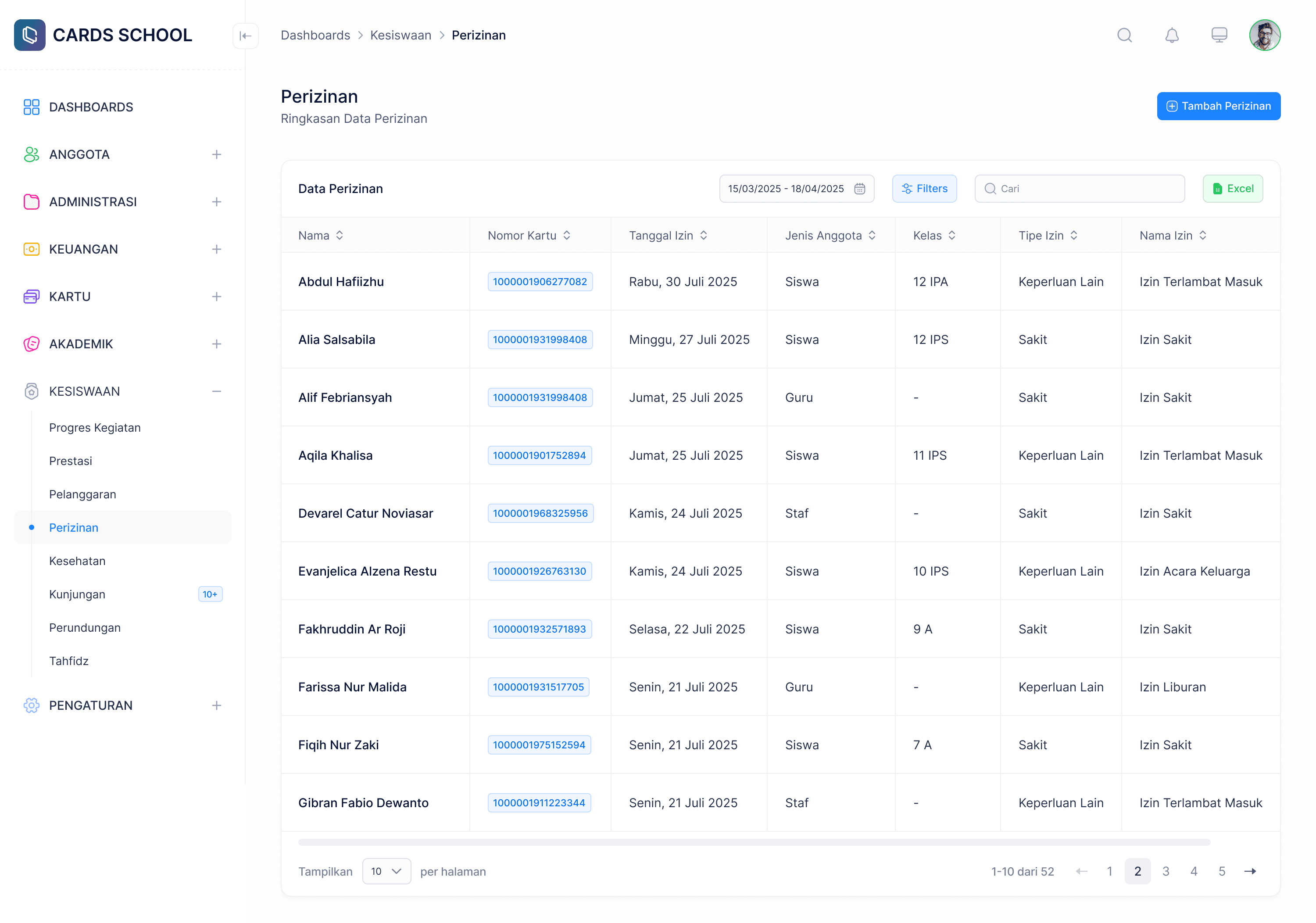 Manajemen perizinan & notifikasi siswa CARDS