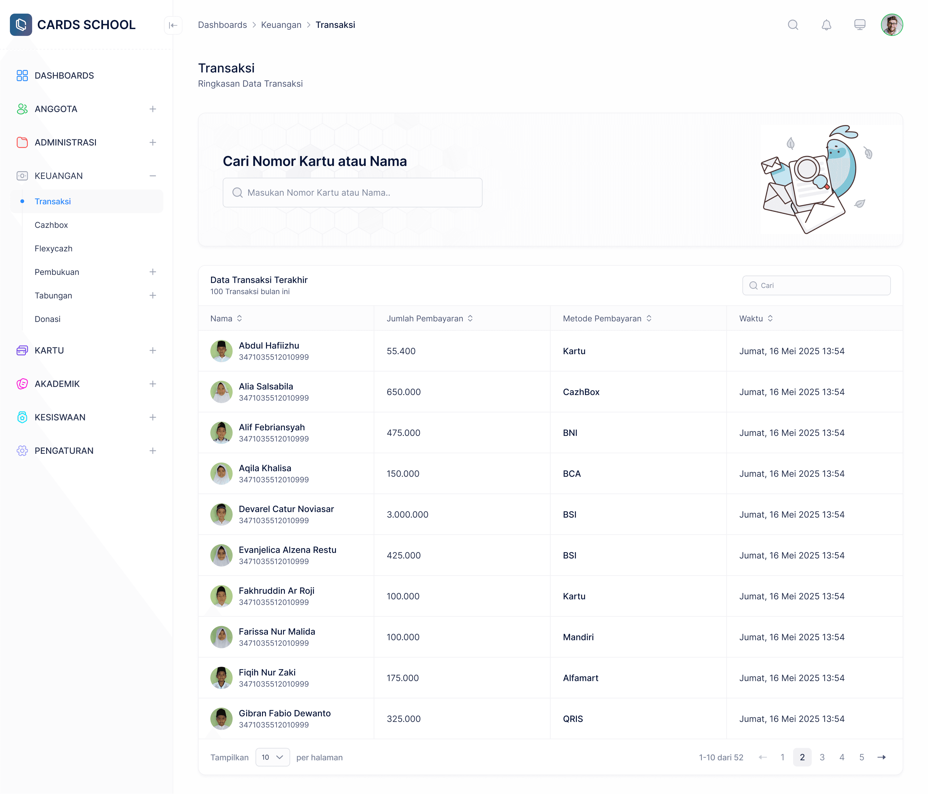 Rekap transaksi kantin cashless CARDS
